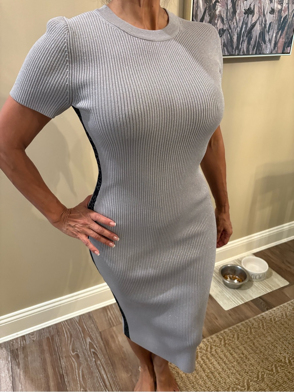 Michael Kors Slim Ribbed tight Midi Dress Light Gray w/ Michael Kors down side
